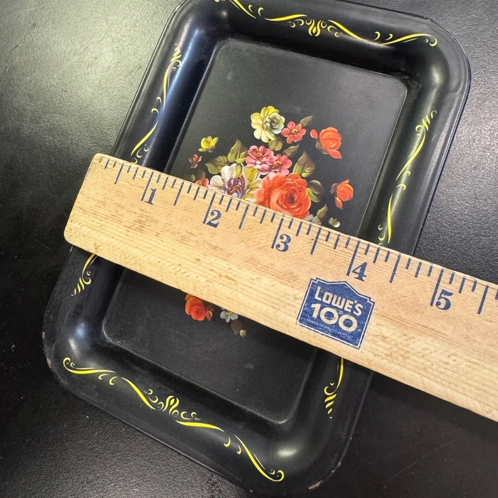 Vintage Metal Trinket Tray Small Black Floral Gold Filigree Toleware Decor